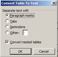 popup per la conversione delle tabelle in testo